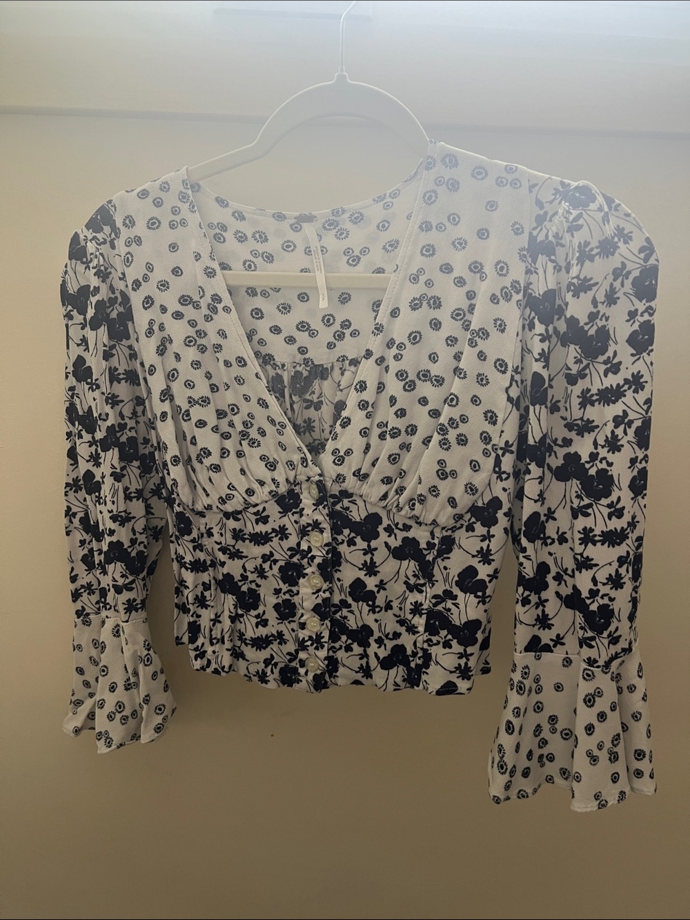 Free People Black and White Floral V-Neck Blouse